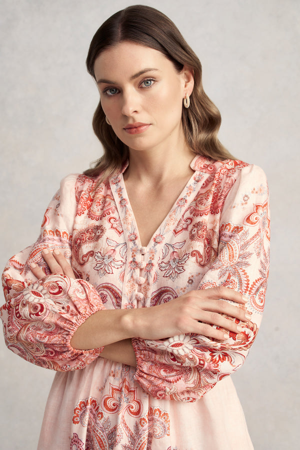 Printed French Linen Dress – Peach Paisley Print