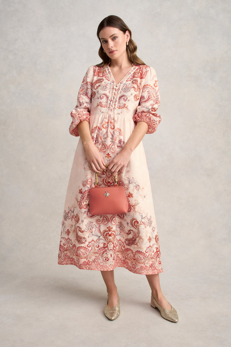 Printed French Linen Dress – Peach Paisley Print