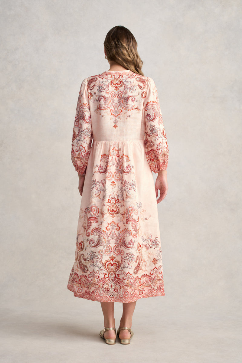 Printed French Linen Dress – Peach Paisley Print
