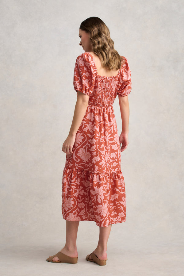 Linen Blend Printed Midi Dress – Rosewood Print