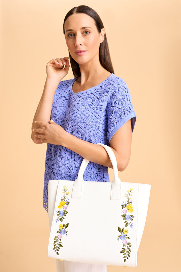 Floral Embroidery Leather Tote