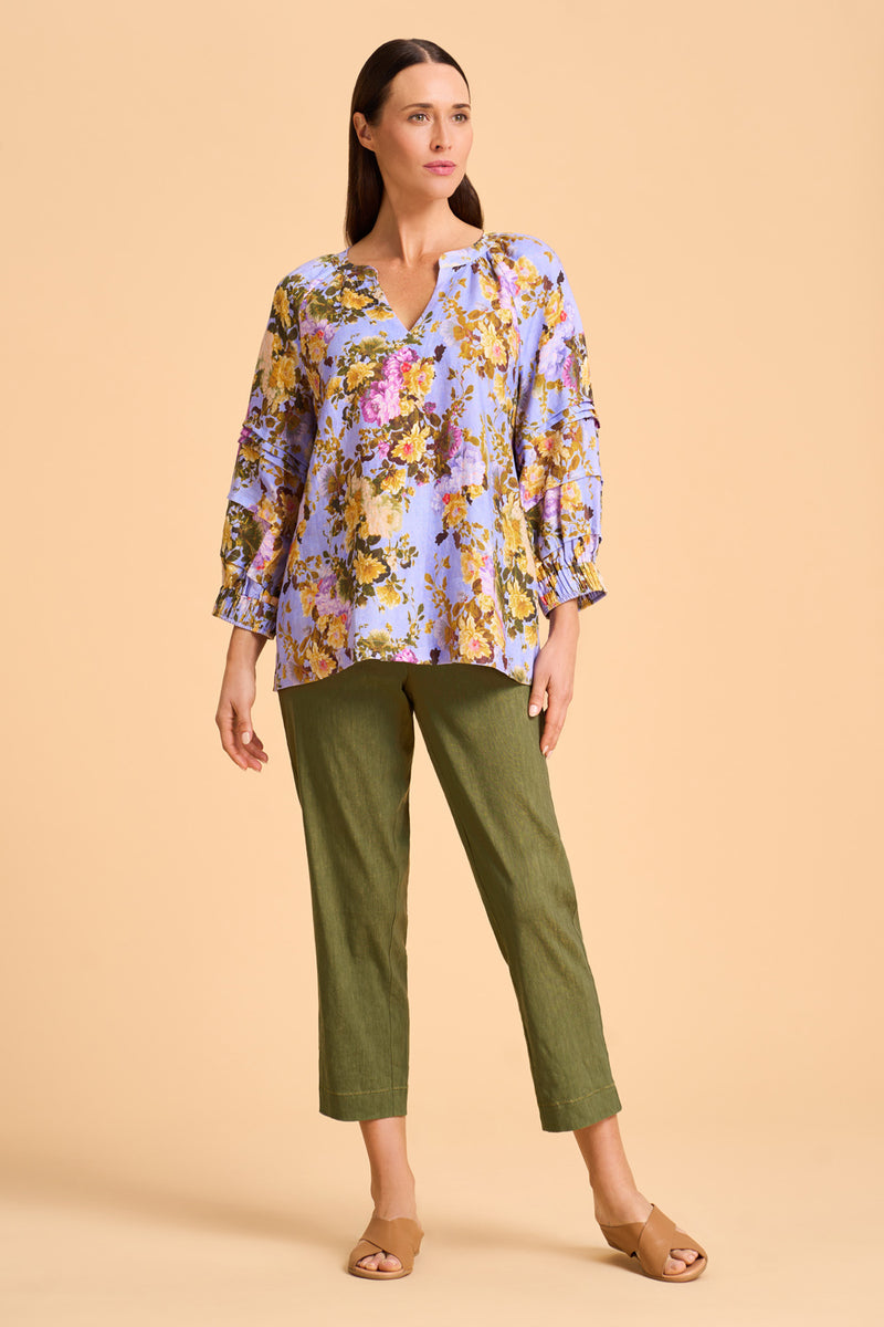 Pleat Sleeve Linen Blouse - Chantilly Rose Print