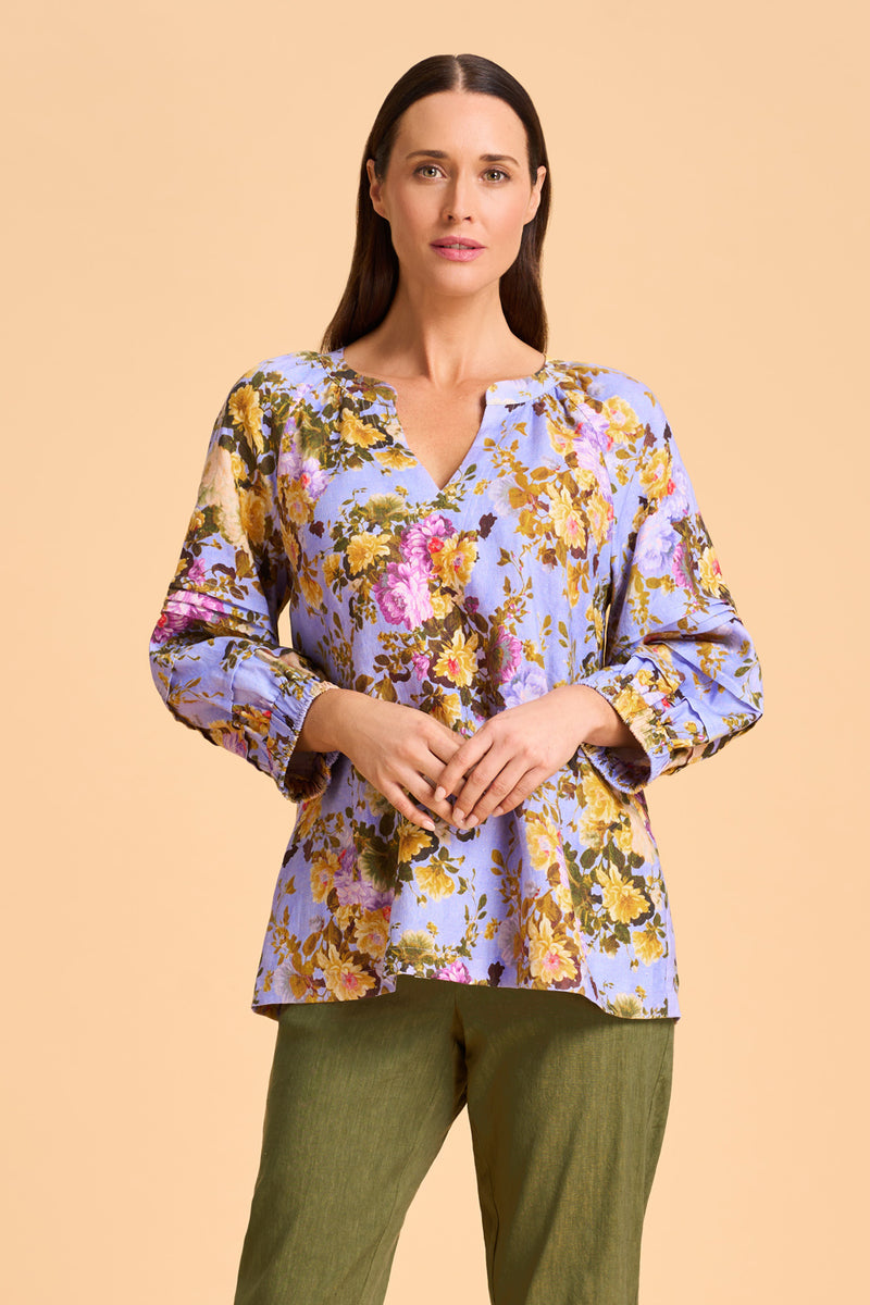 Pleat Sleeve Linen Blouse - Chantilly Rose Print