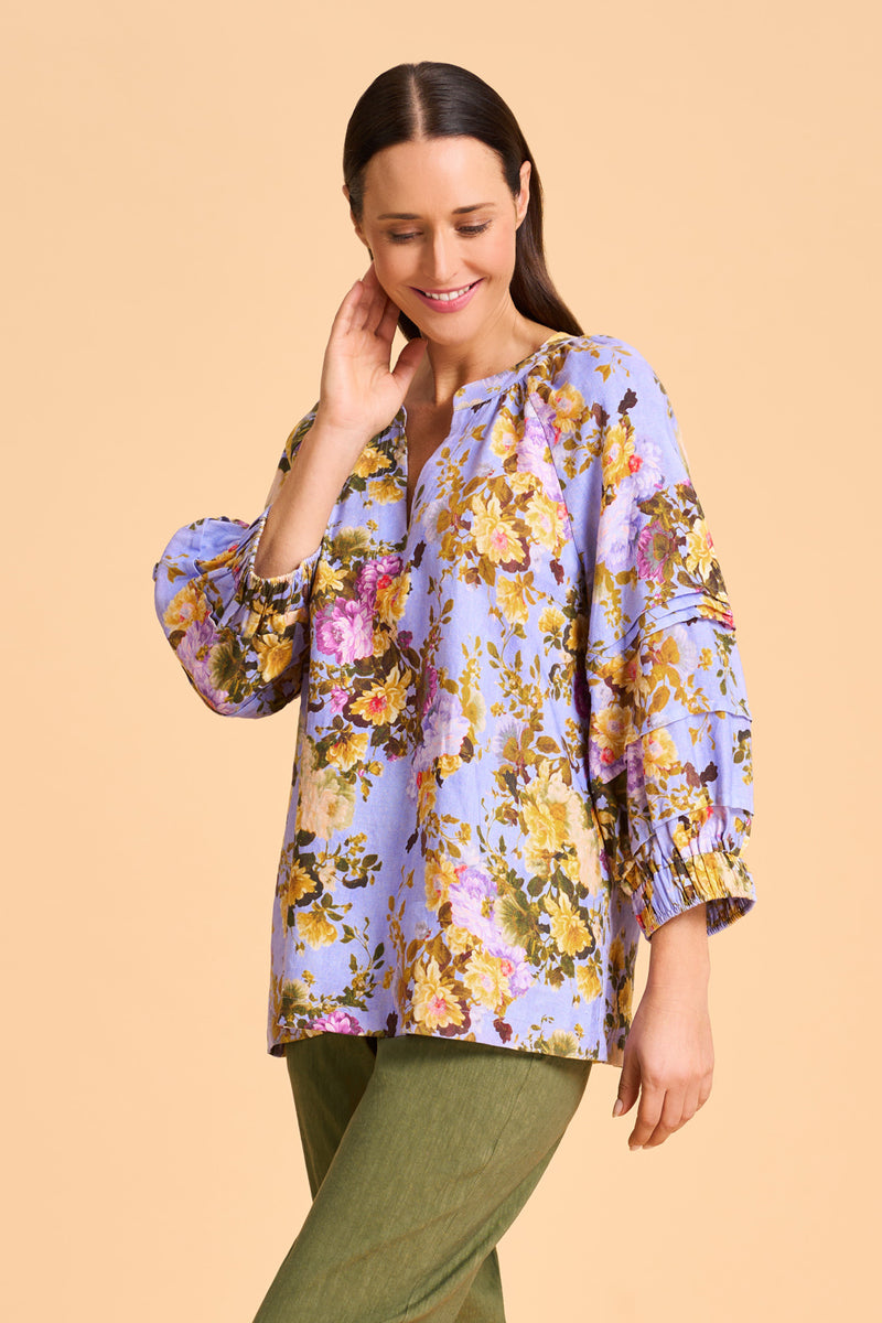 Pleat Sleeve Linen Blouse - Chantilly Rose Print