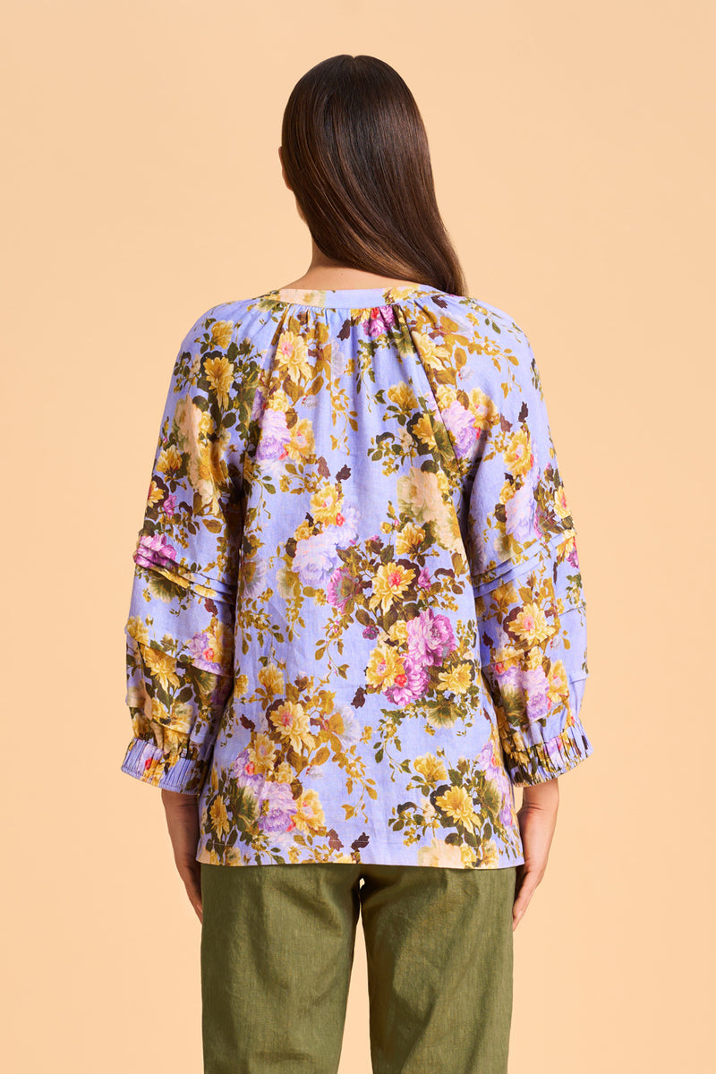 Pleat Sleeve Linen Blouse - Chantilly Rose Print