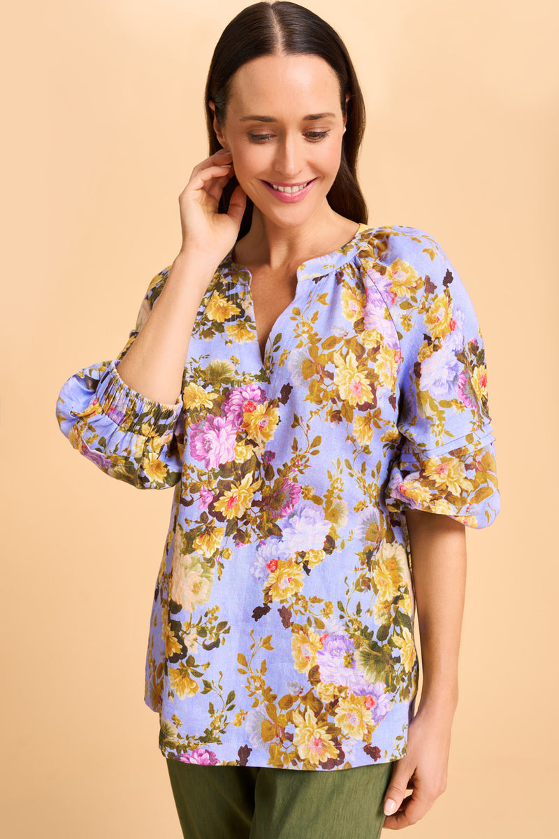 Pleat Sleeve Linen Blouse - Chantilly Rose Print