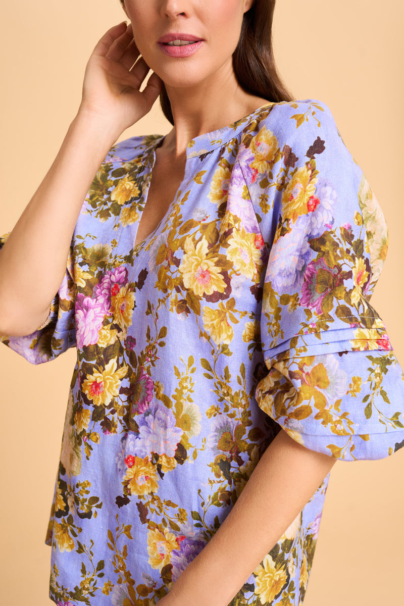 Pleat Sleeve Linen Blouse - Chantilly Rose Print