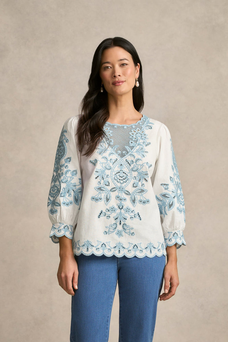 Embroidered Linen Blouse - Soft Chambray