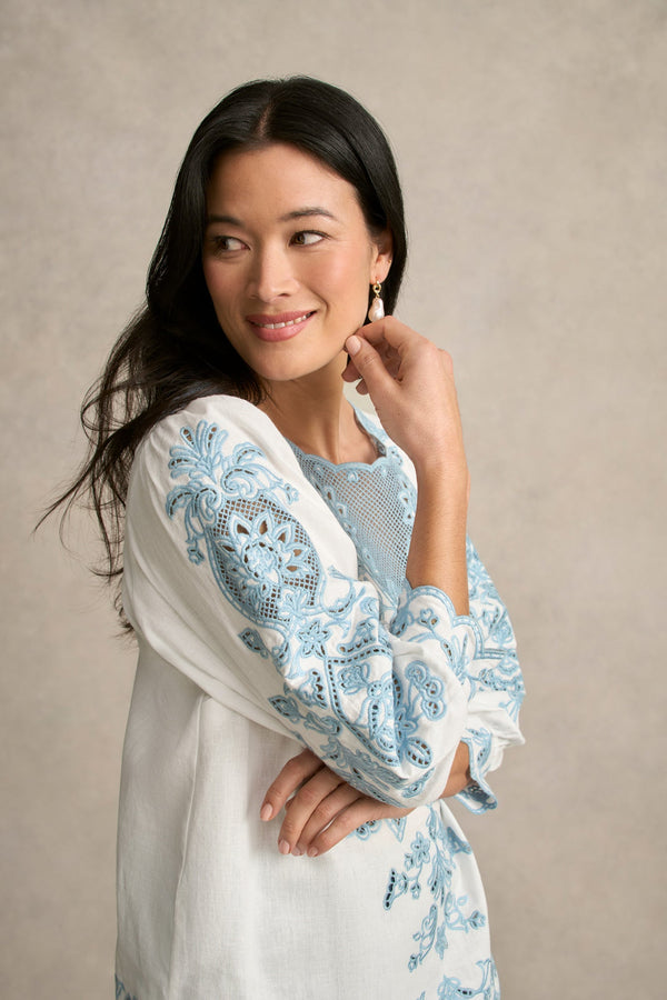 Embroidered Linen Blouse - Soft Chambray