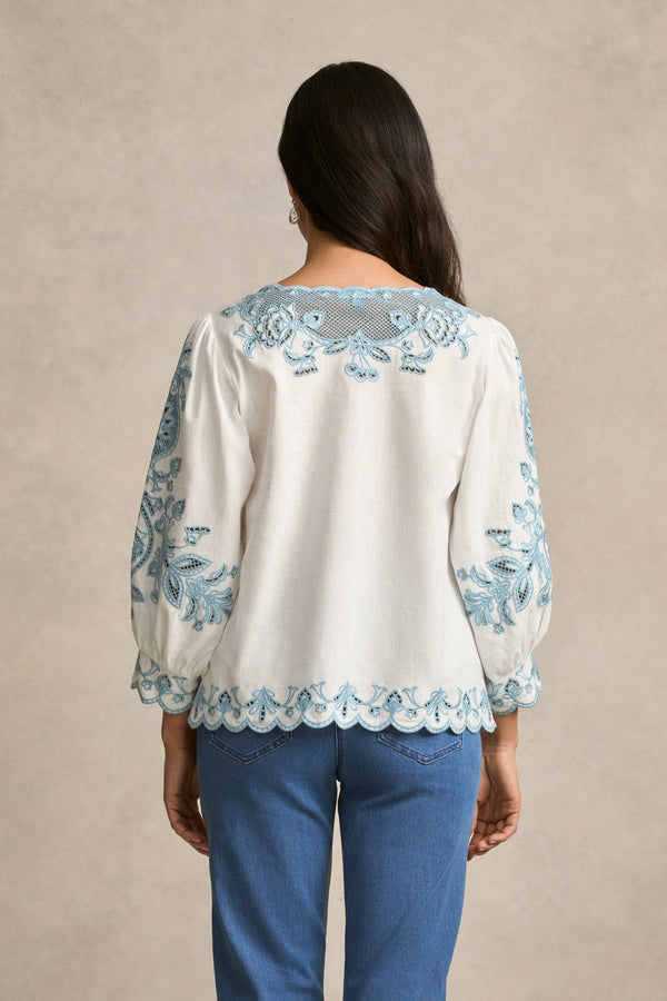 Embroidered Linen Blouse - Soft Chambray