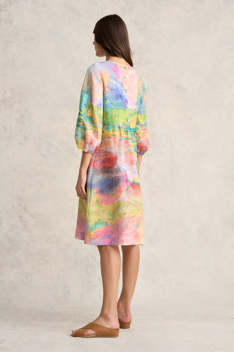Printed Linen Dress - Abstract Landscape Print
