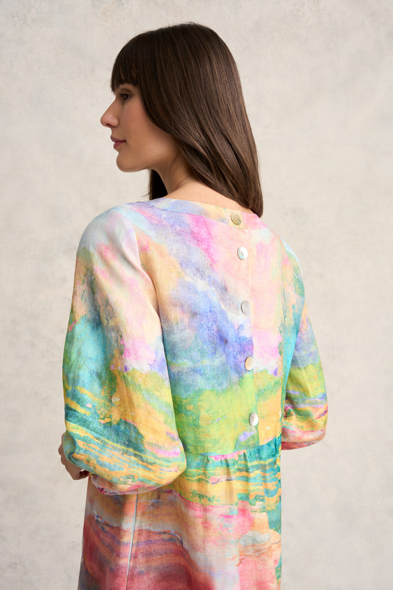 Printed Linen Dress - Abstract Landscape Print