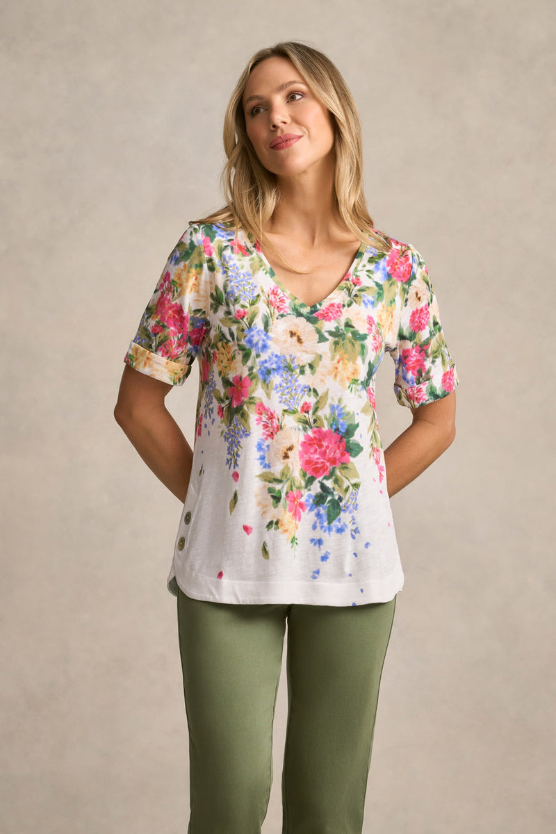 Printed V-Neck T-Shirt - Bloom Fall Print