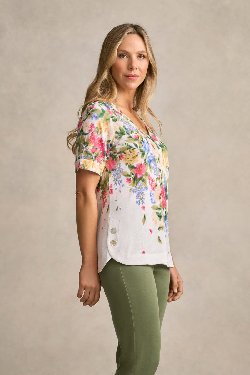 Printed V-Neck T-Shirt - Bloom Fall Print