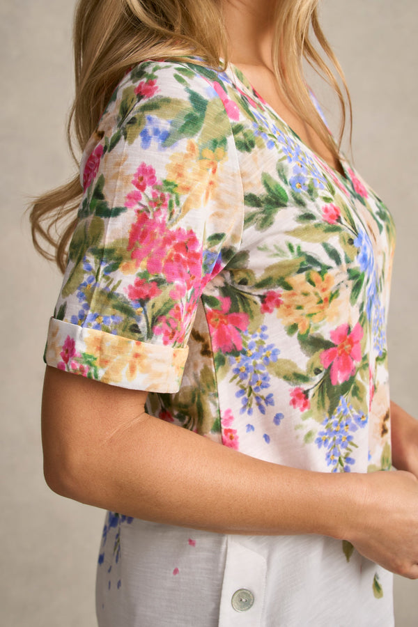 Printed V-Neck T-Shirt - Bloom Fall Print