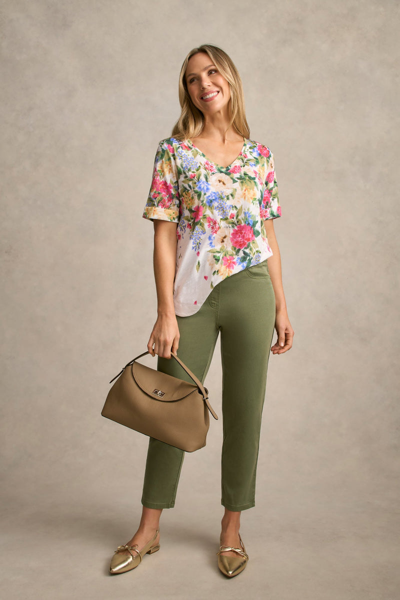 Printed V-Neck T-Shirt - Bloom Fall Print