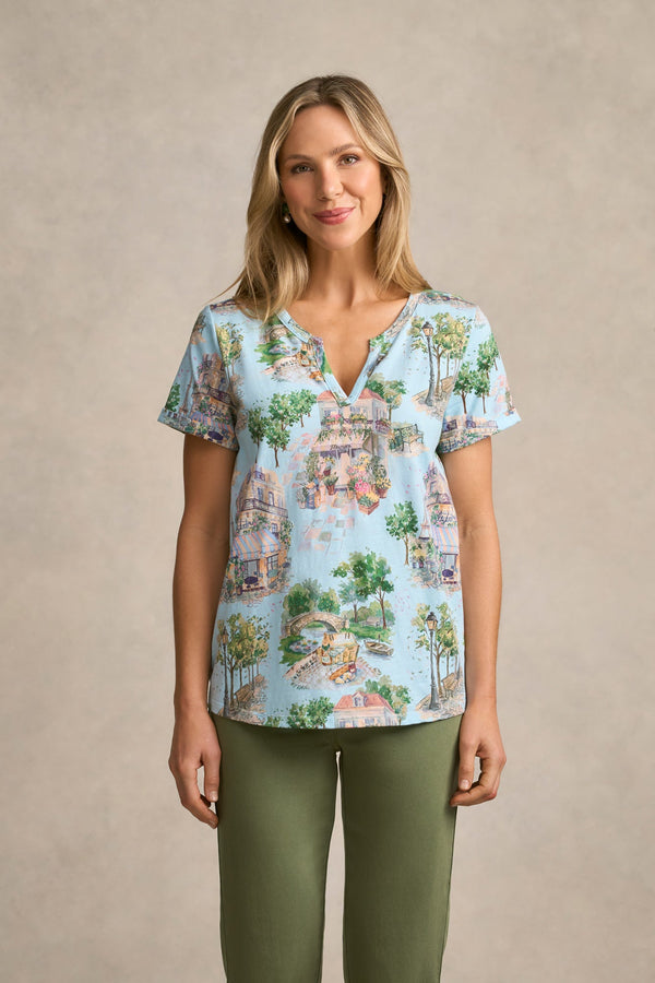 Notch Neck Cotton Tee - Paris Scene Print