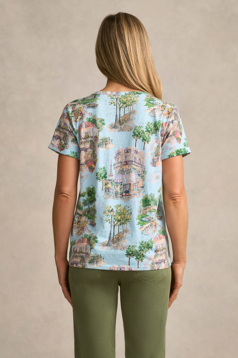 Notch Neck Cotton Tee - Paris Scene Print