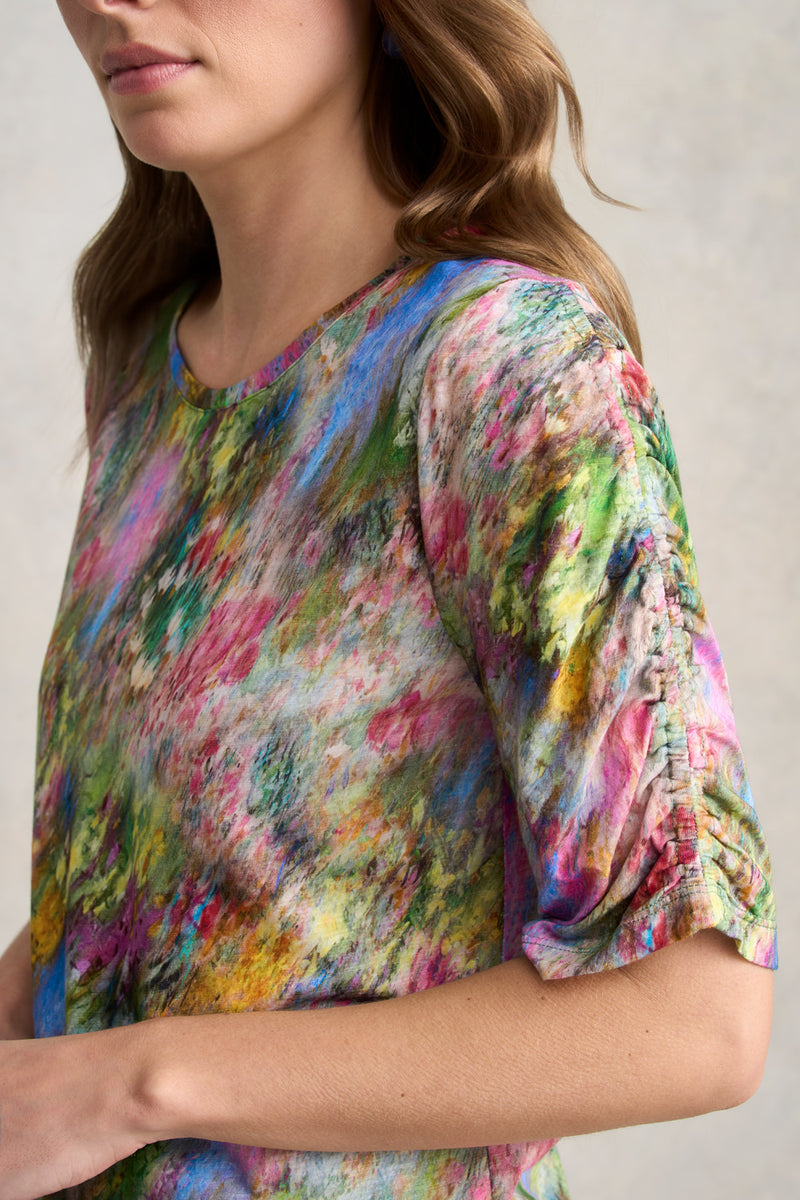 Ruched Sleeve T-Shirt – Meadow Print
