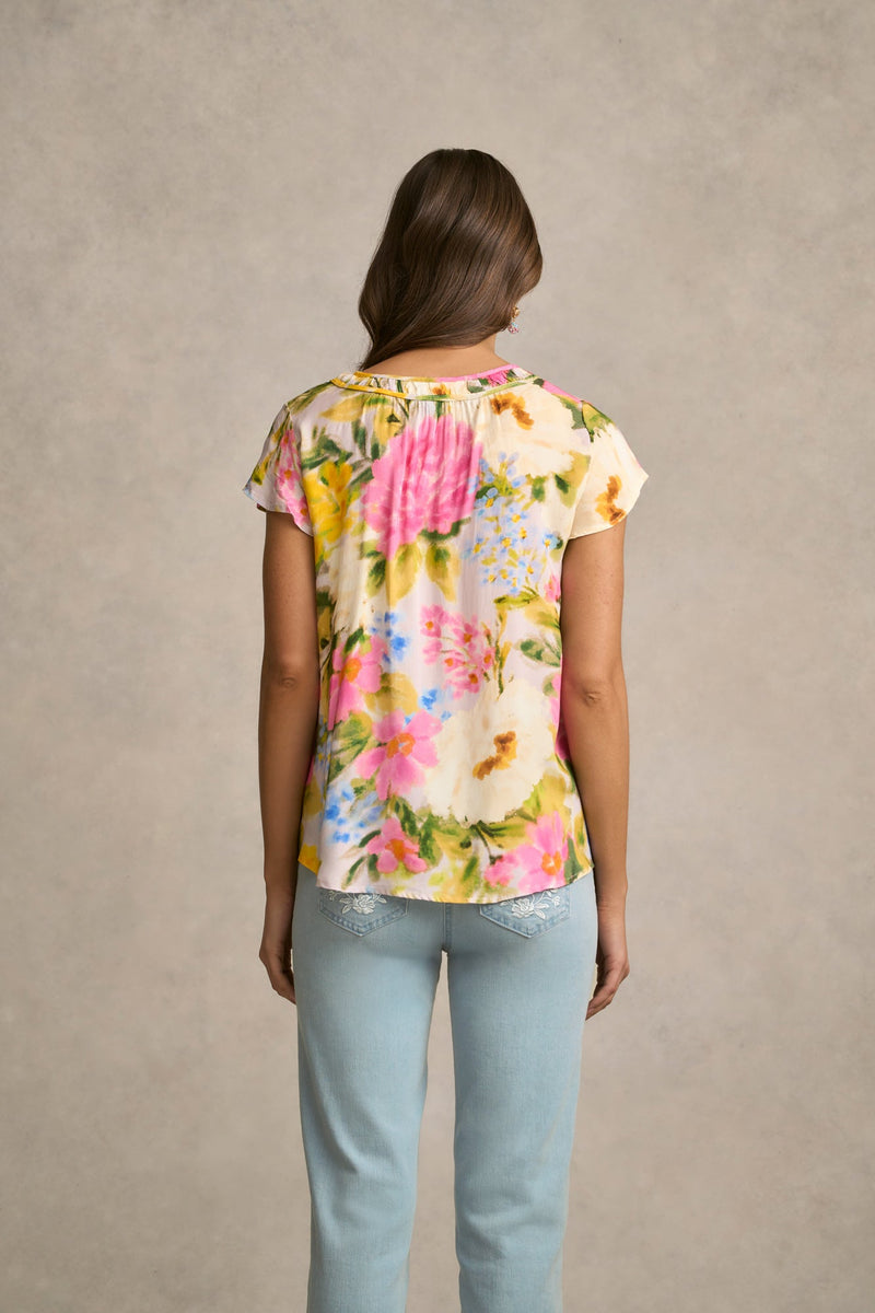 Ruched Short Sleeve Blouse - Spring Garden Print