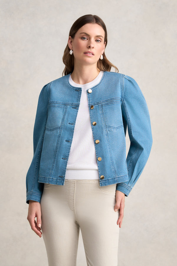 Puff Sleeve Denim Jacket- Mid Denim Blue