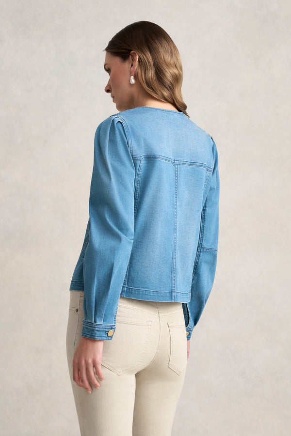 Puff Sleeve Denim Jacket- Mid Denim Blue