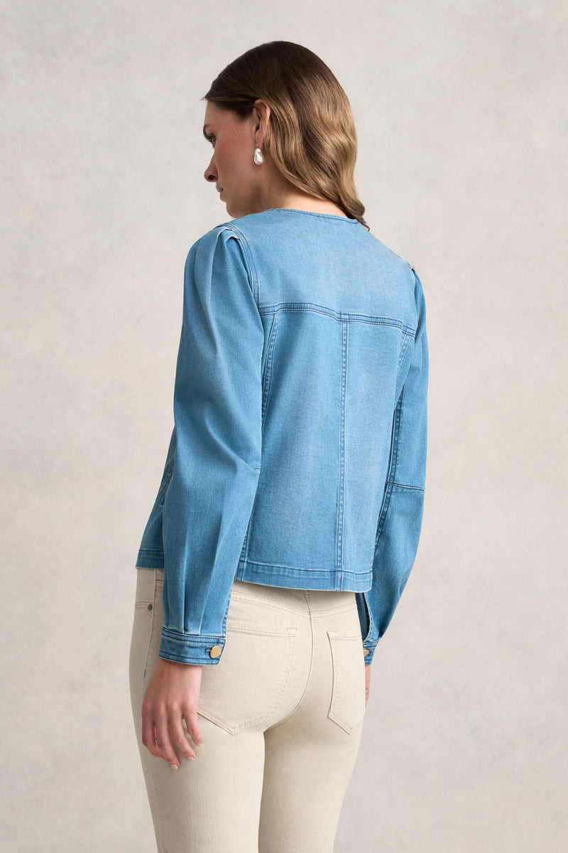 Puff Sleeve Denim Jacket- Mid Denim Blue