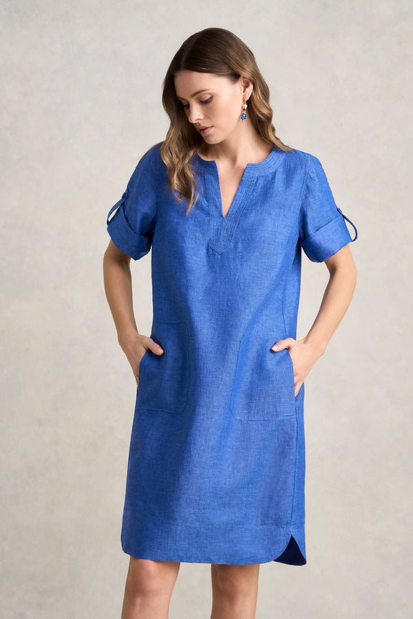 Stitch Detail Linen Dress – Periwinkle Cross Dye