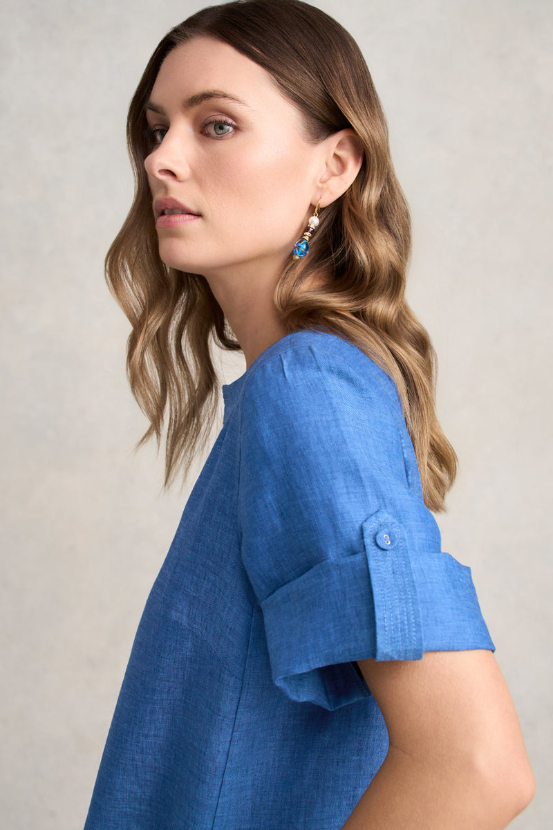 Stitch Detail Linen Dress – Periwinkle Cross Dye