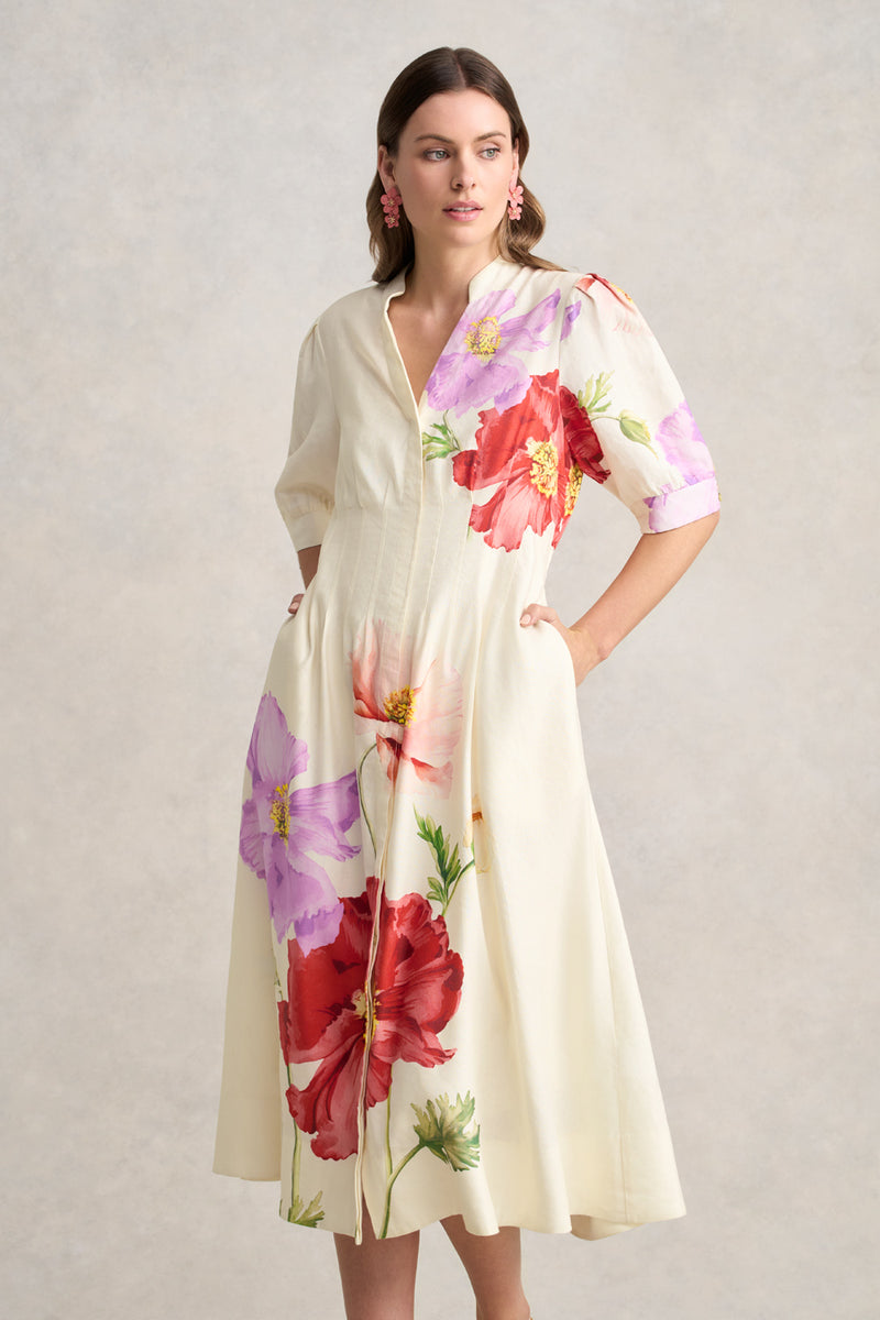 Pin Tuck Linen Dress – Poppy Print