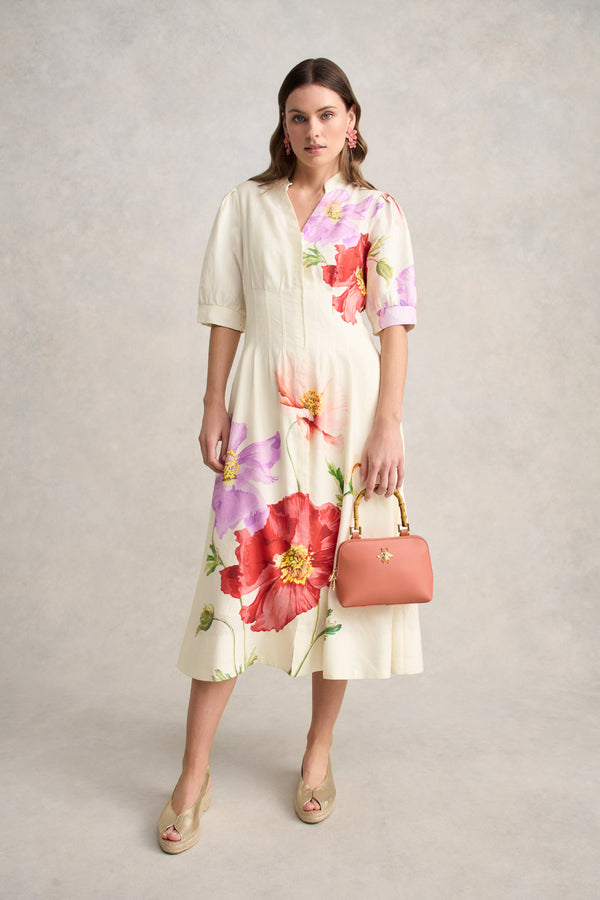 Pin Tuck Linen Dress – Poppy Print