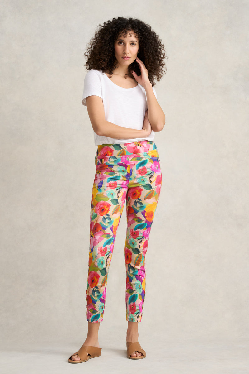 Bengajean Ankle Length Button Detail - Multi Roses Print