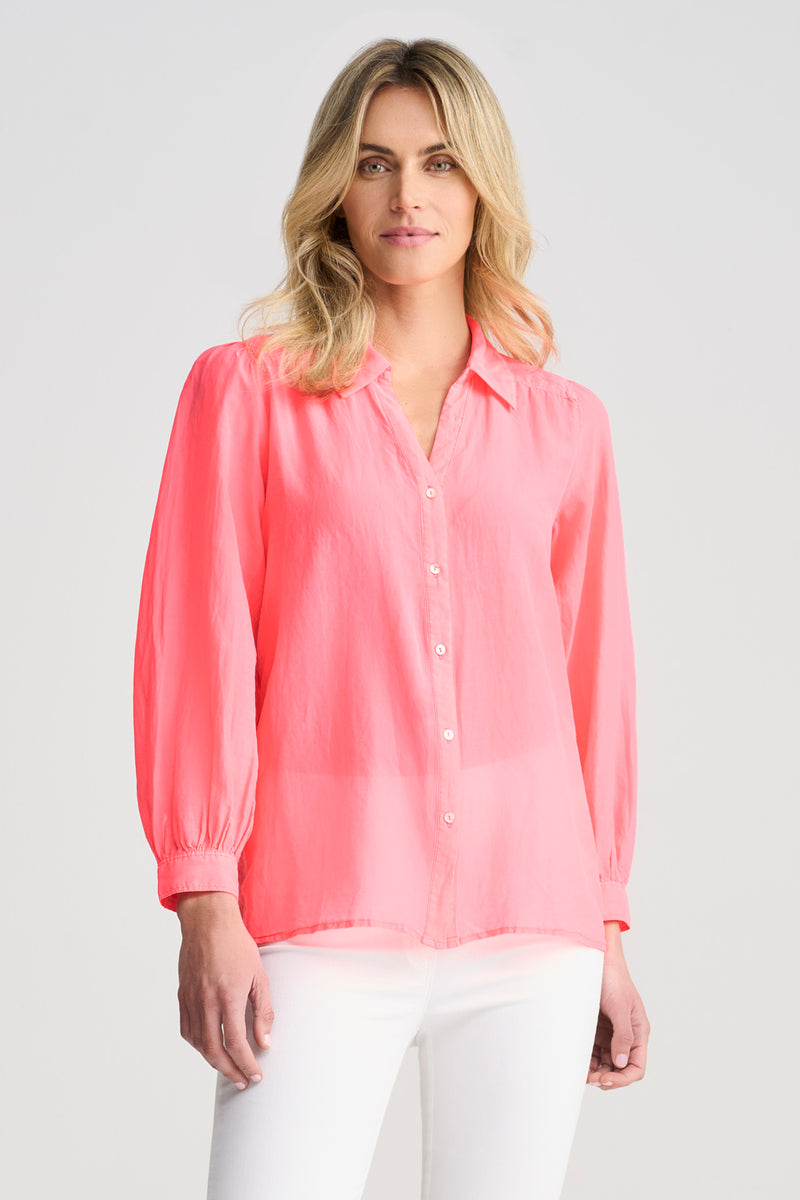 Cotton Silk Blouson Shirt - Neon Coral