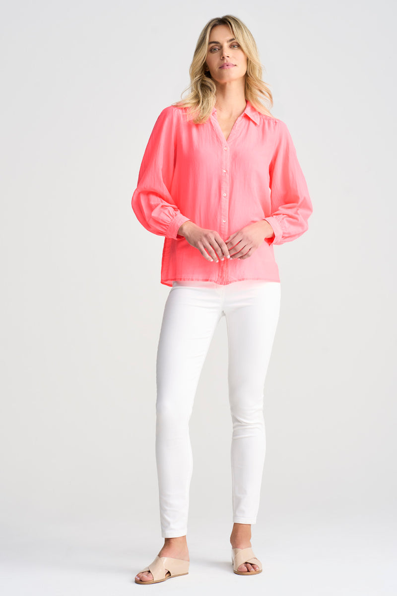 Cotton Silk Blouson Shirt - Neon Coral