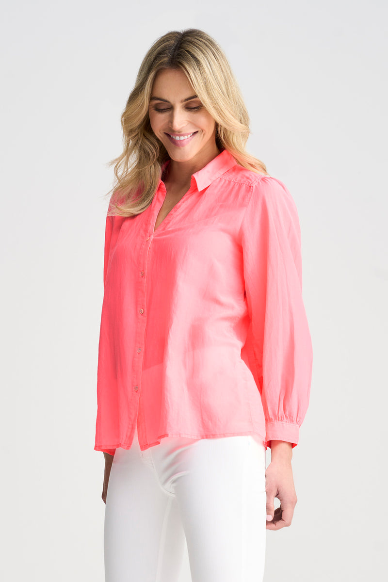 Cotton Silk Blouson Shirt - Neon Coral