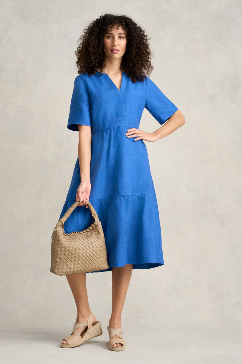 Tiered Linen Dress - Cobalt Cross Dye