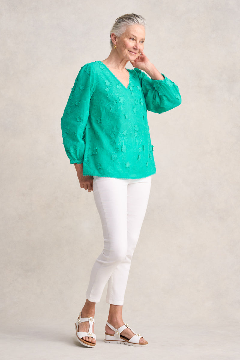 Lace Trim Embroidered Top - Sea Glass