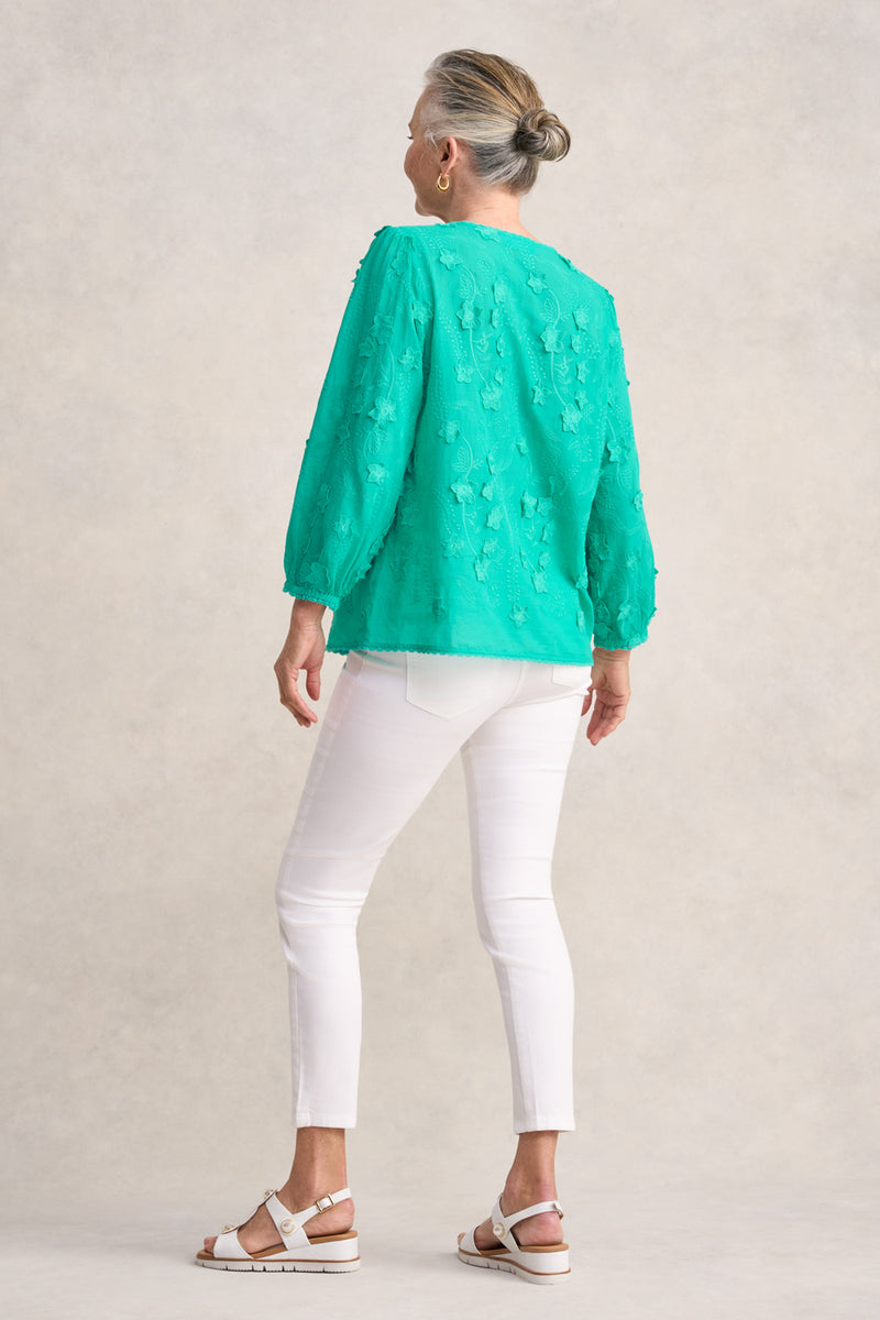 Lace Trim Embroidered Top - Sea Glass