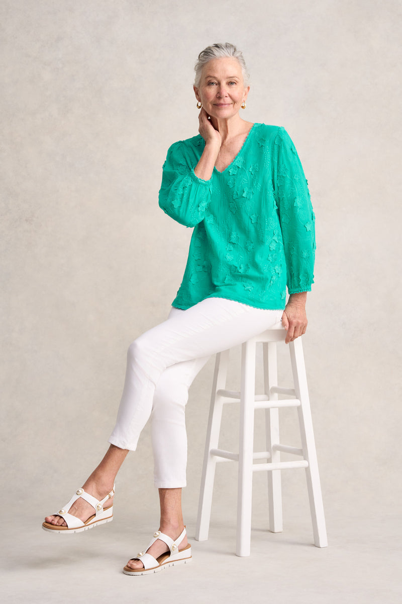 Lace Trim Embroidered Top - Sea Glass