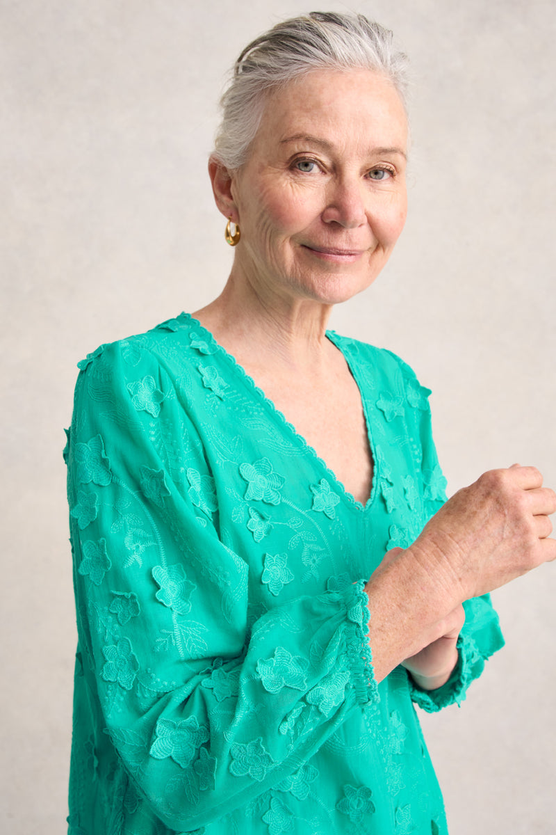 Lace Trim Embroidered Top - Sea Glass