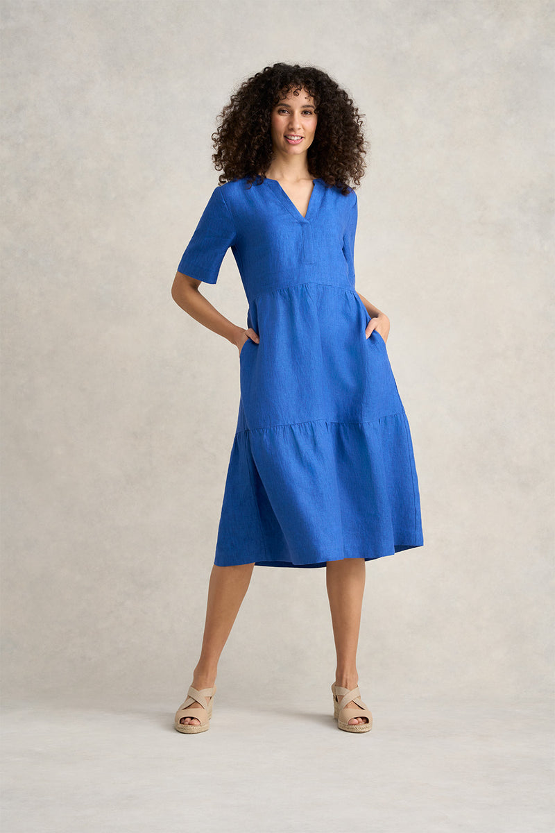 Tiered Linen Dress - Cobalt Cross Dye