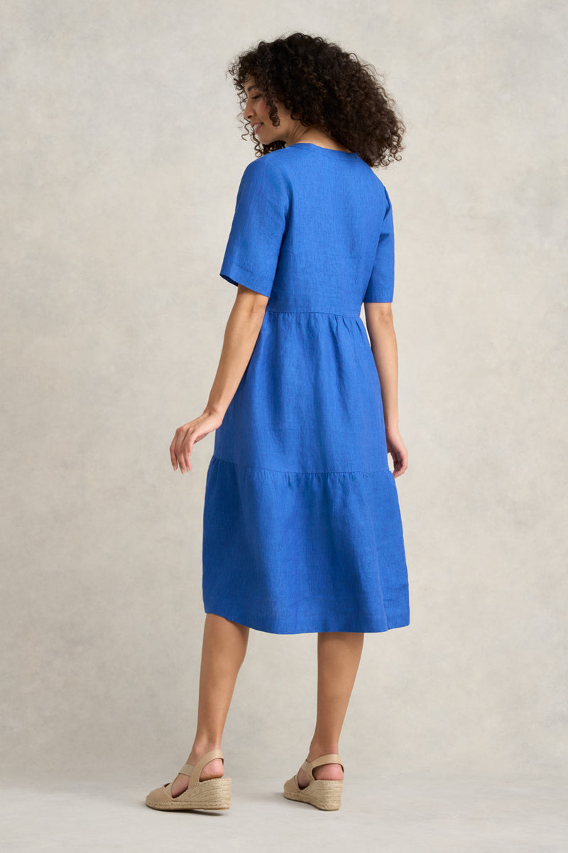 Tiered Linen Dress - Cobalt Cross Dye
