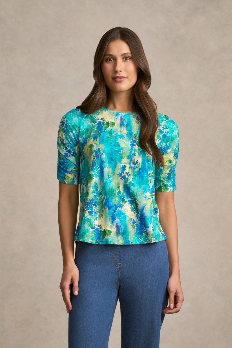 Ruched Sleeve T-Shirt - Watercolour Floral