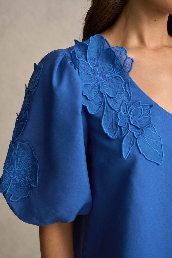 Puff Sleeve Appliqué Blouse - Cobalt