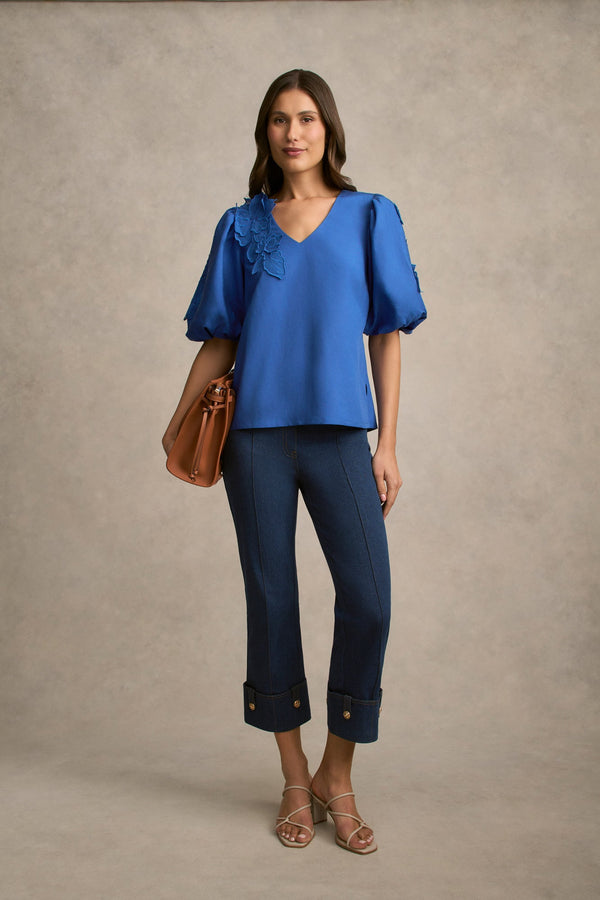 Puff Sleeve Appliqué Blouse - Cobalt