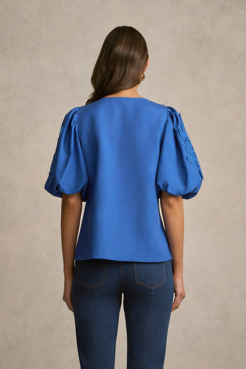 Puff Sleeve Appliqué Blouse - Cobalt