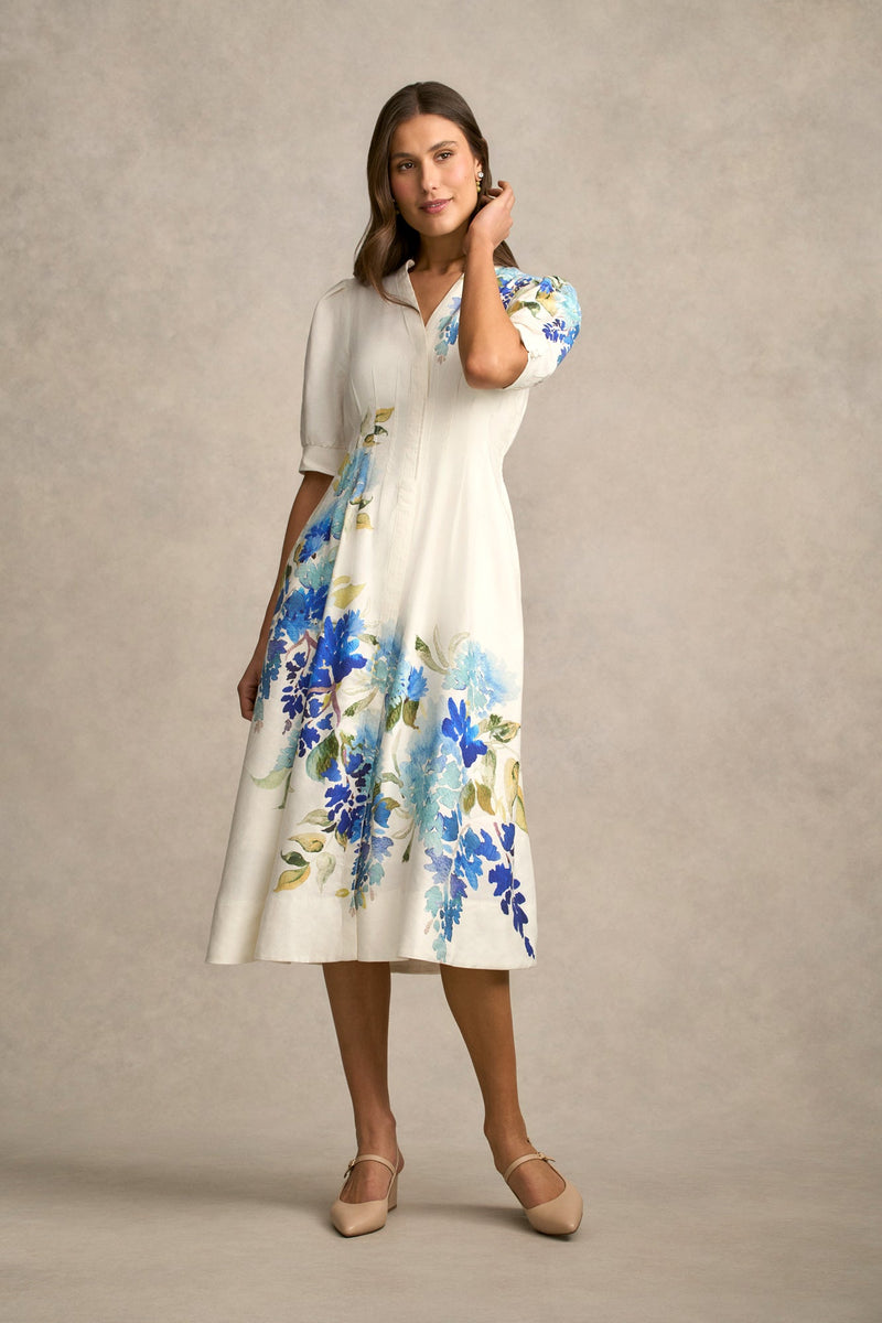 Pin Tuck Linen Dress - Watercolour Floral