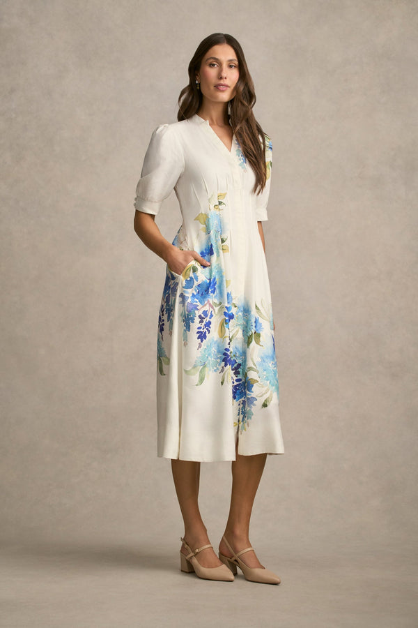 Pin Tuck Linen Dress - Watercolour Floral