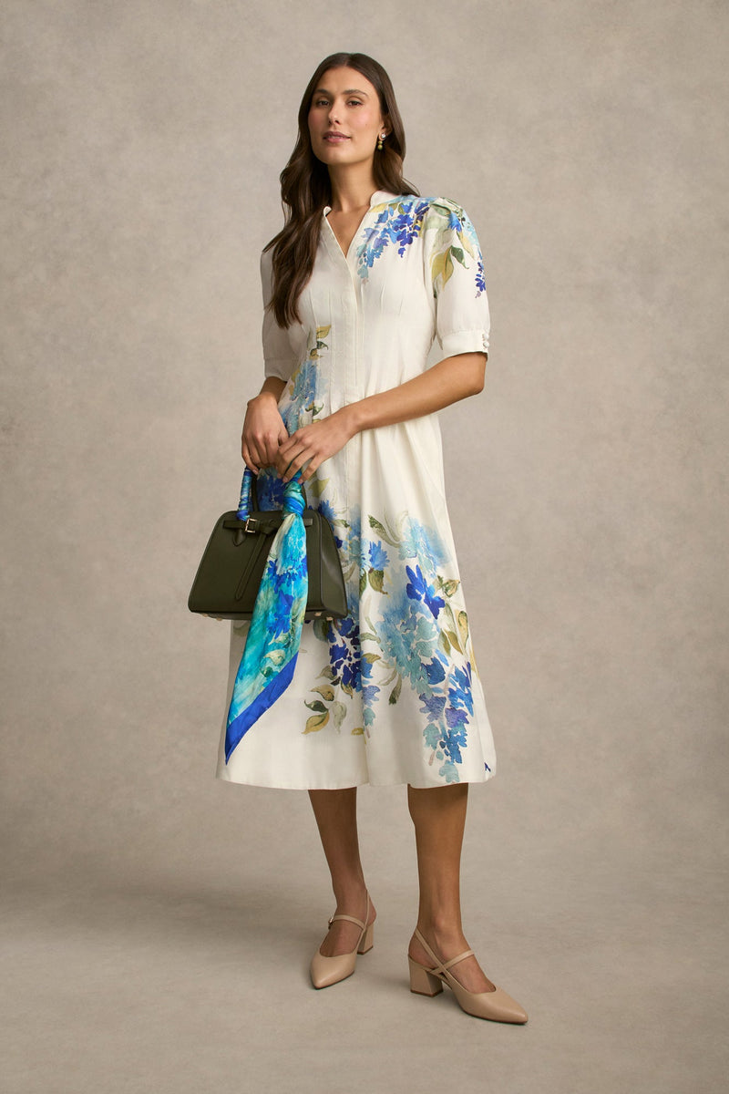 Pin Tuck Linen Dress - Watercolour Floral
