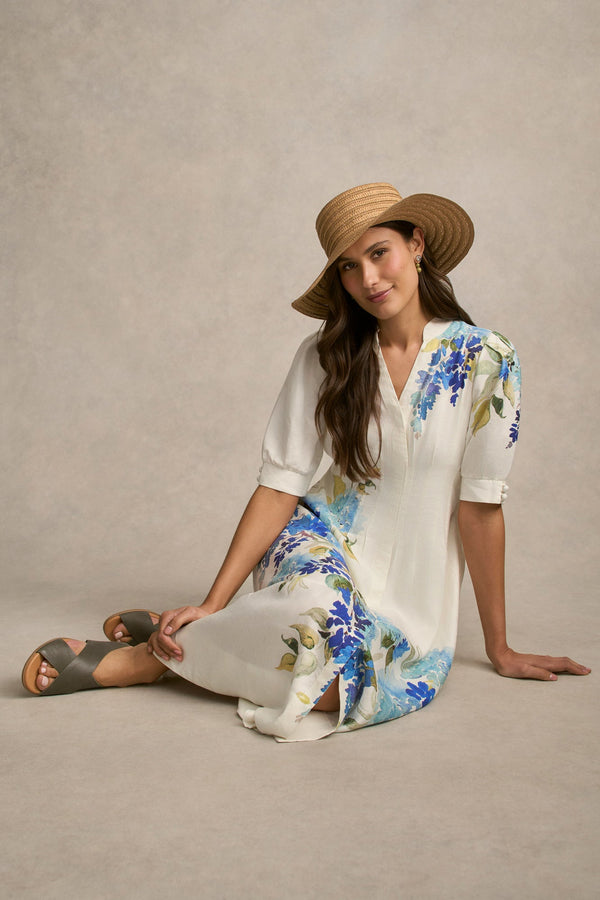 Pin Tuck Linen Dress - Watercolour Floral